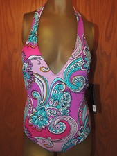 It Figures Swimsuit Swim Suit Purple Paisley One Piece Lined Plunge Women's 8