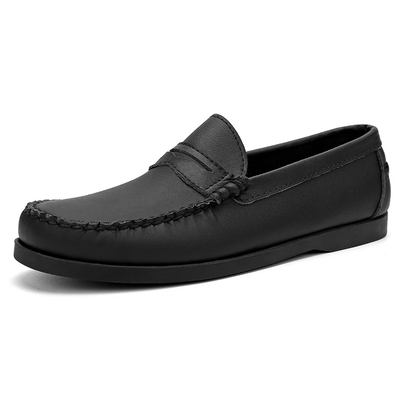 Mens Quality Black Leather Loafers Genuine Leather Men's Slip on Deck Boat Shoes