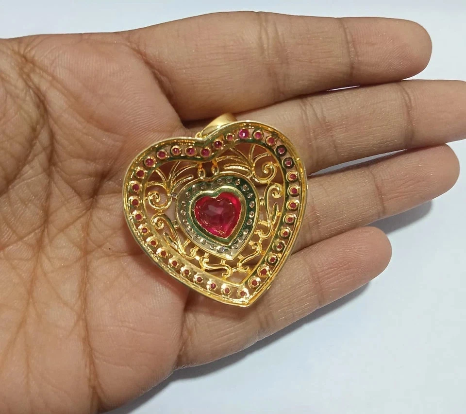 2.00Ct Heart Cut Lab Created Red Ruby Heart Women Pendant 14K Yellow Gold Plated - Image 3 of 4
