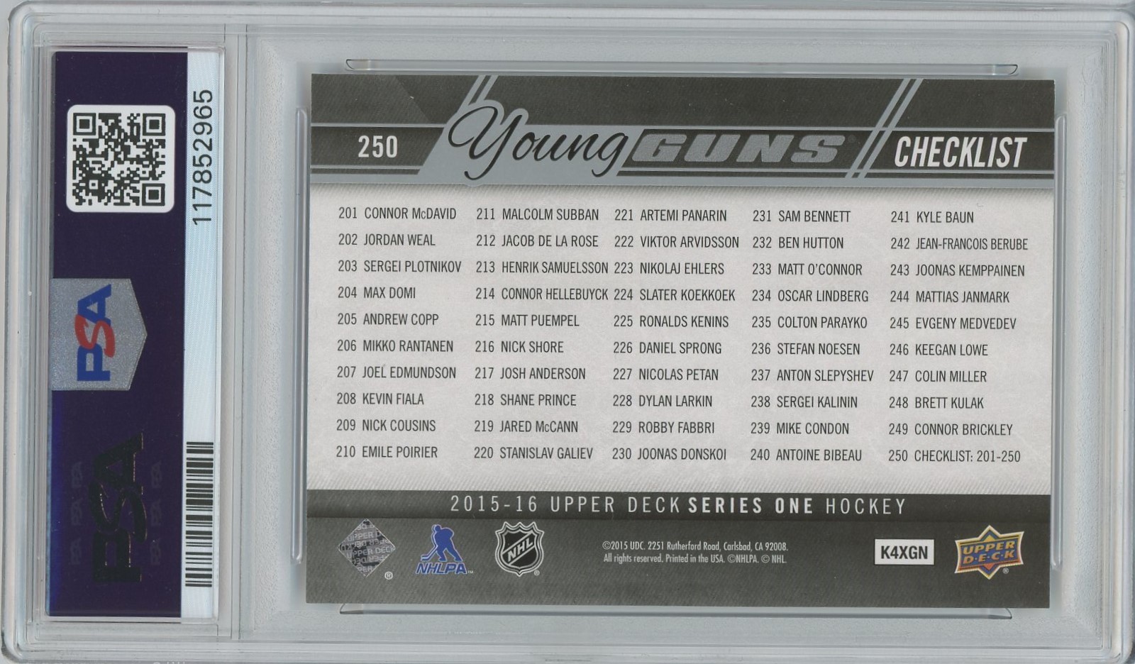 Connor McDavid 2015 Upper Deck #250 Young Guns Checklist - PSA 8 NM-MT - nice! view 3
