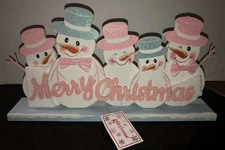 Christmas Decor Pink & Blue Glitter Snowmen Family Wooden Plaque By Glitz Home