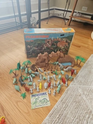 Prehistoric Playset By Marx 3398 Vintg w/Box 48 Dinosaurs 11 Caveman Mts & Trees