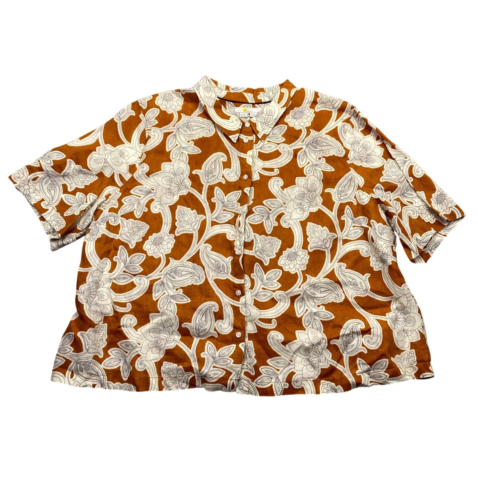 Boden Women 100% Linen Floral Paisley Short Sleeve Button Down Shirt Rust 16/18
