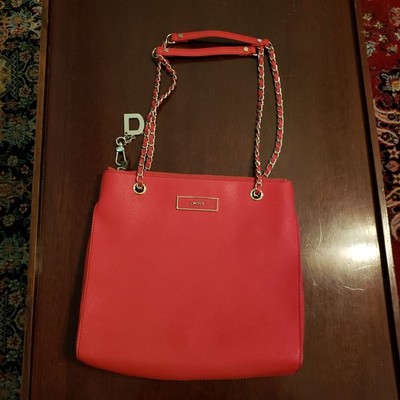 DKNY Red Medium Shoulder Bag Chain Strap Zip Closure Logo Gold-Tone D Charm