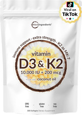 Vitamin D3 10,000 IU  K2 MK-7 200 Mcg, 300 Softgels with Virgin Coconut Oil  2
