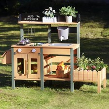 Cucina da esterno in legno bambini grande verde con lavello manopole ganci WH001