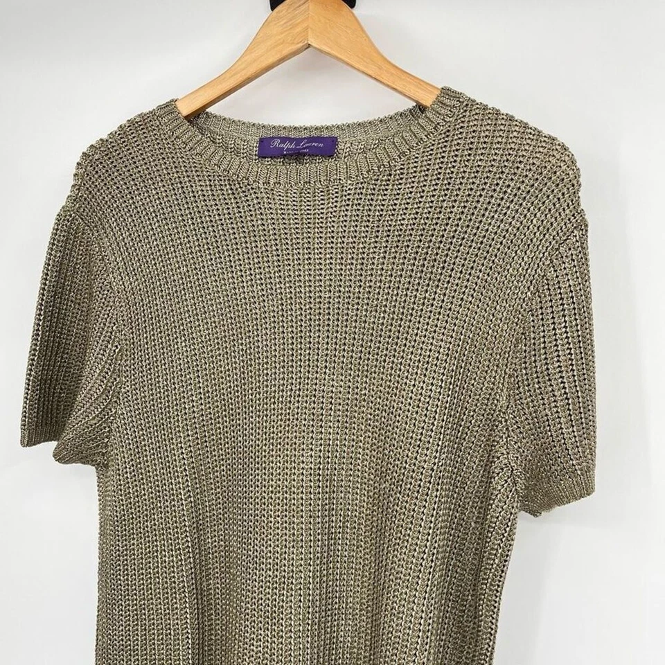 Suéter Pullover Ralph Lauren Etiqueta Púrpura Dorado Seda Tejido Mangas Cortas Para Mujer Foto 4 de 4