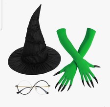 Halloween Witch Costume Set Witch Hat, Green Claw Gloves Glasses Wicke