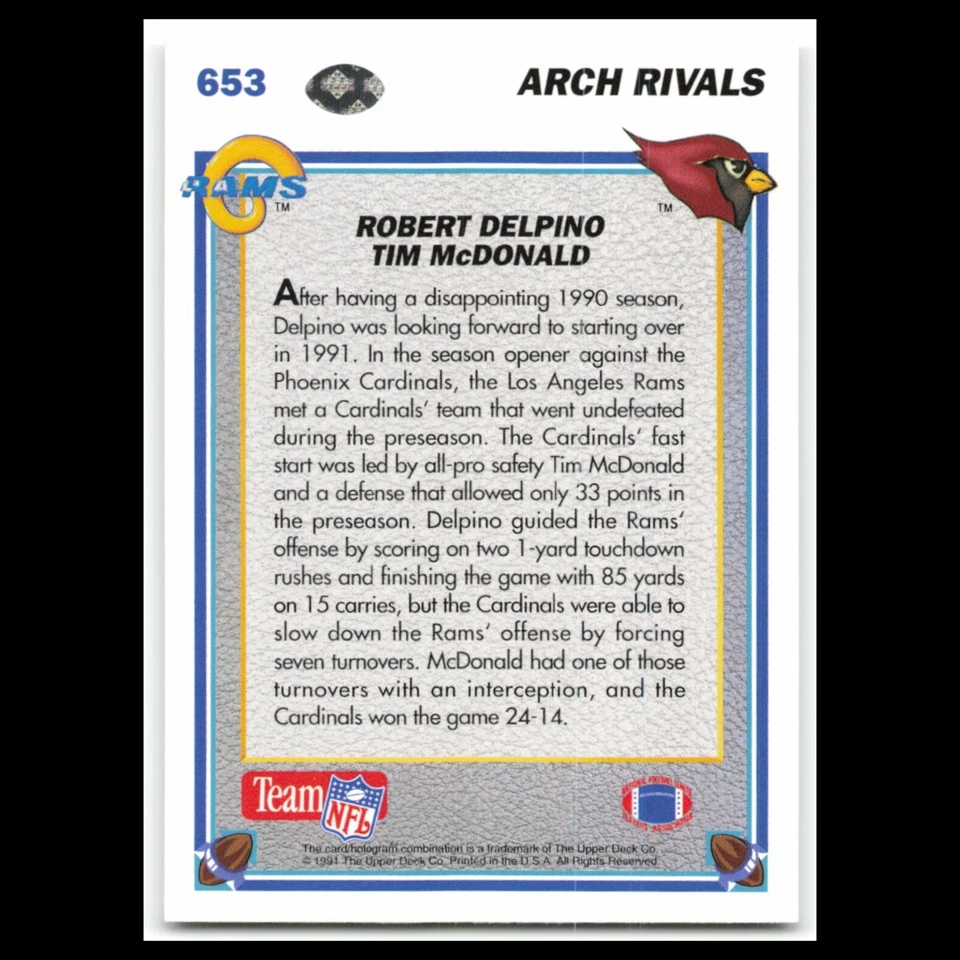 Robert Delpino/Tim McDonald #653 1991 Upper Deck Football Card NFL NM - Image 2 of 3