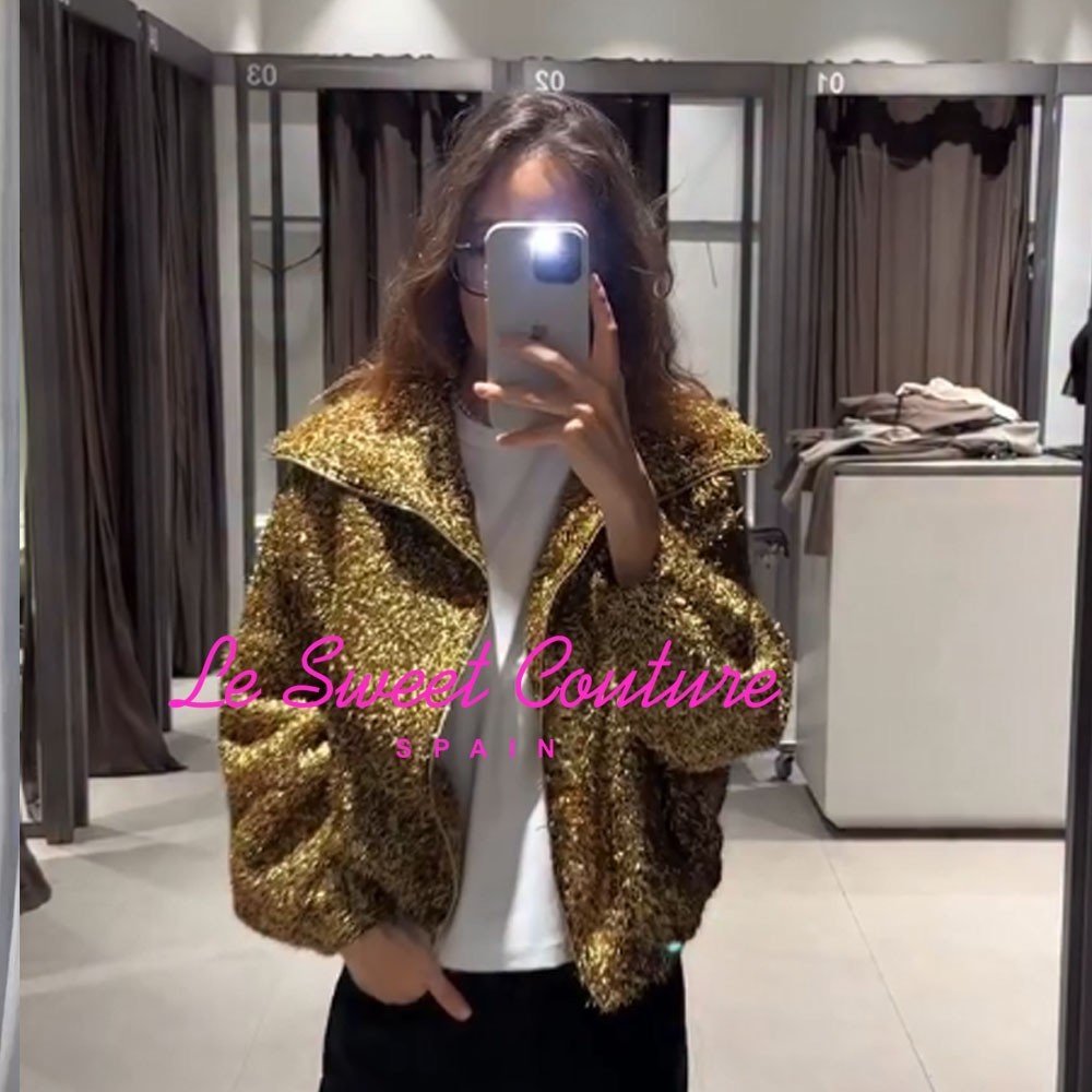 ZARA WOMAN NWT FW25 METALLIC THREAD BOMBER JACKET BLACK GOLD 9530