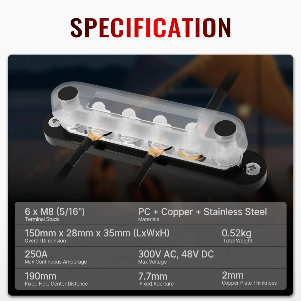 12V Bus Bar 250A Power Distribution Block, 12 Volt Busbars 6 x 5/16" (M8) Ter... - Image 4 of 4