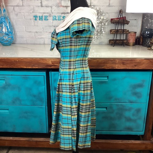 1950's Vintage Check Plaid Print Midi Tea Dress With Statement Bow Size XS - Picture 3 of 11