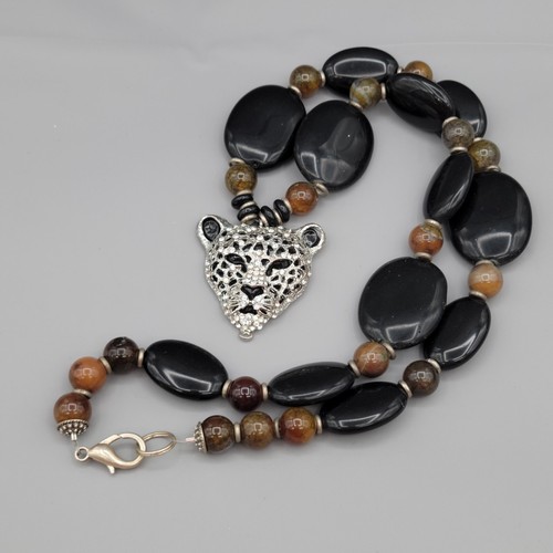 Glass Beaded Necklace Jaguar Pendant Black Brown Silver Tone Rhinestone 26" - Picture 4 of 16
