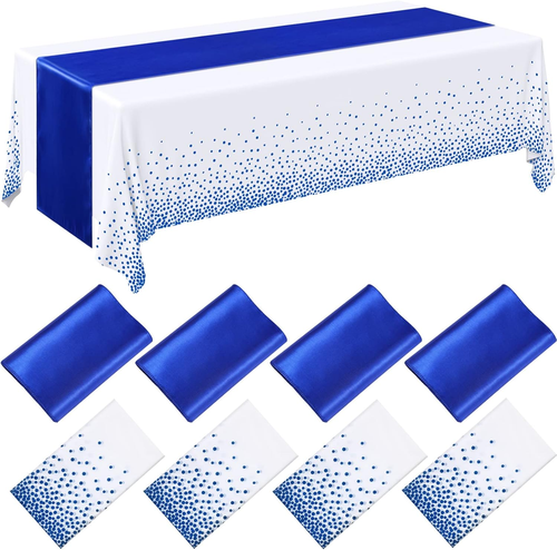 8 Pack Royal Blue Disposable Plastic Tablecloths and Satin Table Runner Set, 54