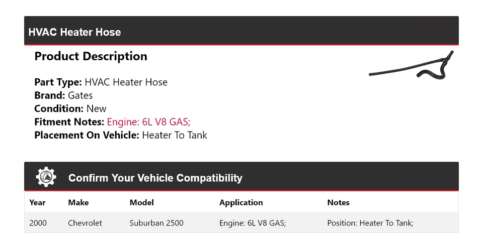 Chevrolet Suburban 2500 2000 6L V8 gas climatización manguera calentador a puertas de tanque Foto 2 de 4