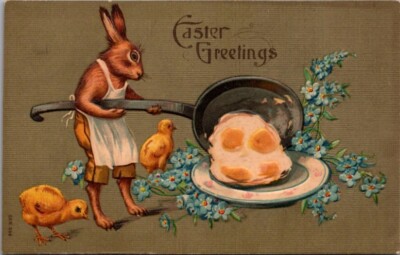 Easter Postcard Anthropomorphic Creepy Weird Bunny Frying Eggs with Chicks c1915
