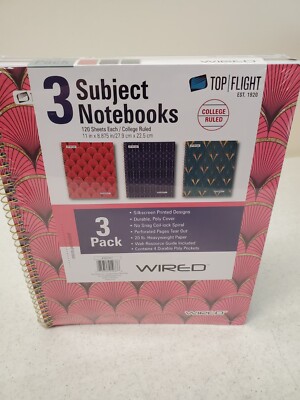 3 pk Top Flight Wired 3 Subject Notebook 120 Sheets ea. College Ruled 20lb Paper