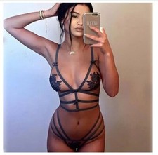 M - INTIMO SEXY LINGERIE MERLETTO PIZZO REGGISENO RETE SLIP PERIZOMA TANGA 2 PZ