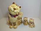 Gkao Striped Smiling Tiger Cat Cookie Jar w/Matching S&P Shakers Great Condition