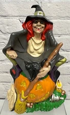 Vtg Halloween Ceramic Witch On Jack O Lantern Decor Hand Painted Byron Molds 70s
