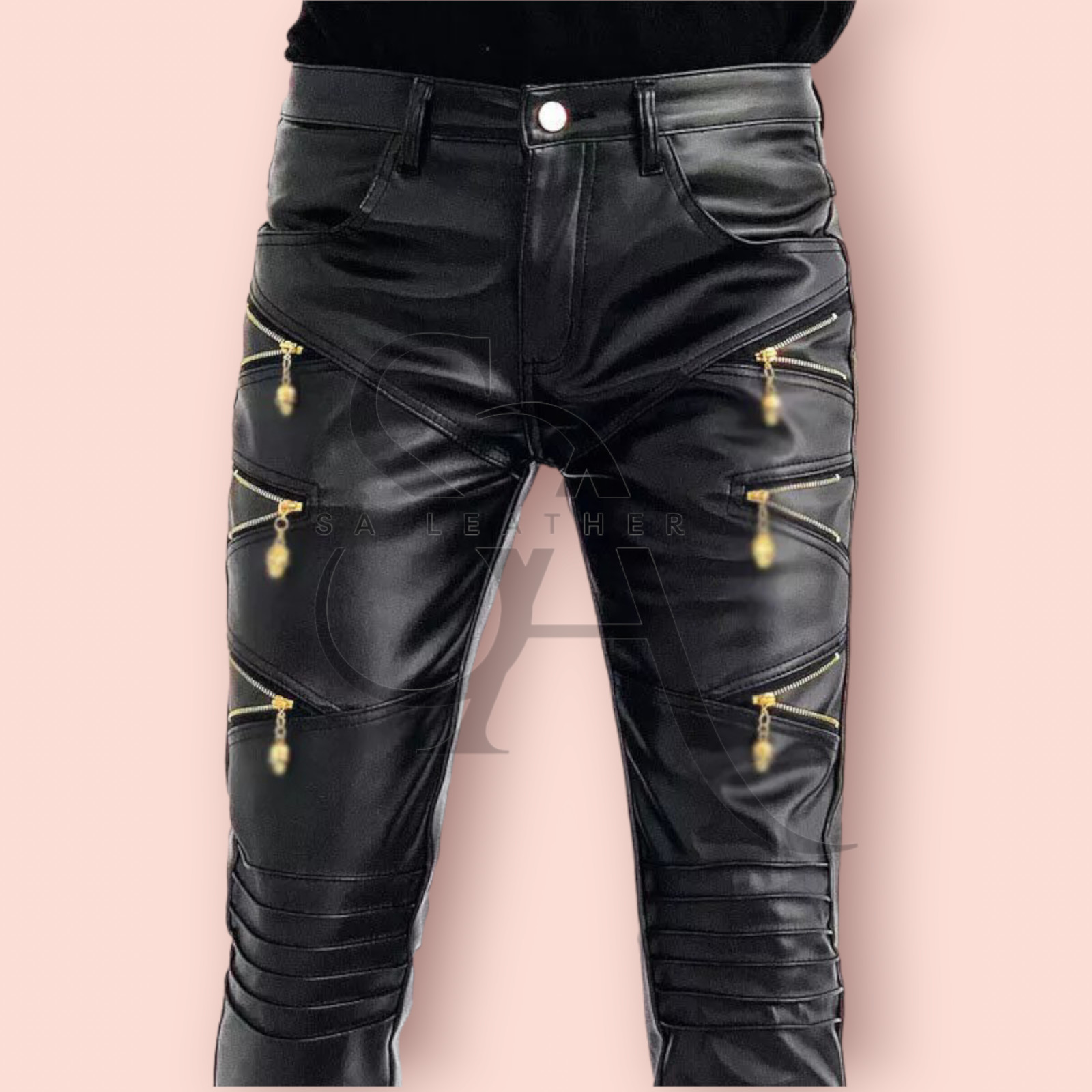 Pantalón de cuero negro hecho a mano para hombre estilo cremallera pantalón de cuero genuino de piel de cordero