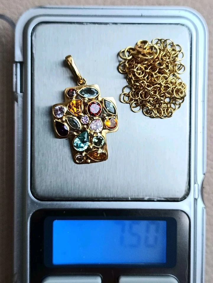 Croce ORO giallo 750 18K con gemme Collana argento 925 - Immagine 4 di 4