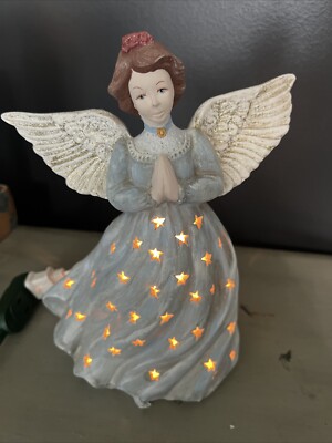 Vintage ceramic light up angel tabletop handmade hand painted 10 ''