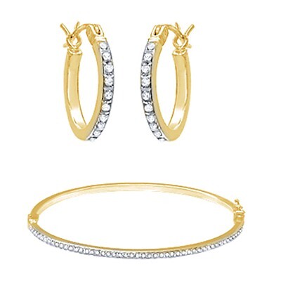 18K Yellow Gold Plated Diamond Fascination Hoop Earring & Bangle Set - Picture 6 of 6