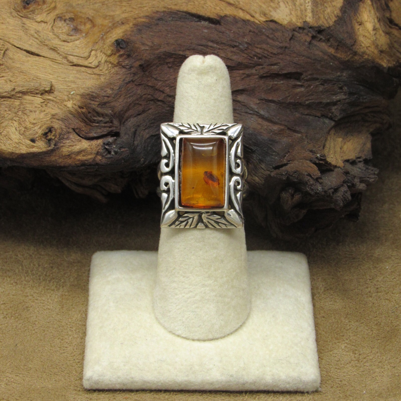 Sterling Silver Rectangular Amber Ring with Inclu… - image 1