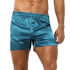 Mens Silk Boxer Sleep Shorts Mid Waist Boxer Briefs Satin Pajamas Loose Shorts