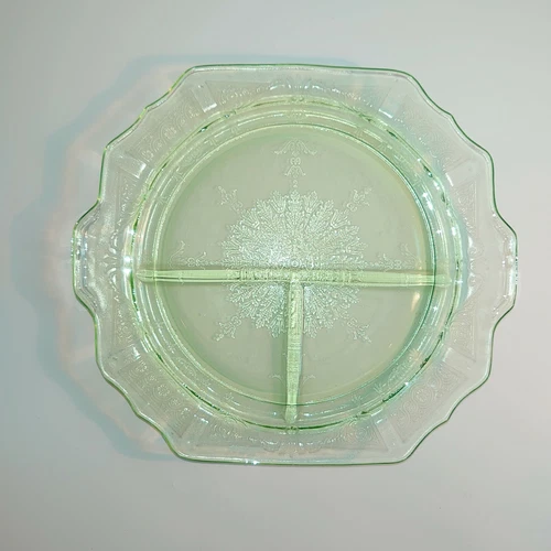 Vintage Depression Glass Ornate 11.75" Green Uranium Vaseline Divided Plates