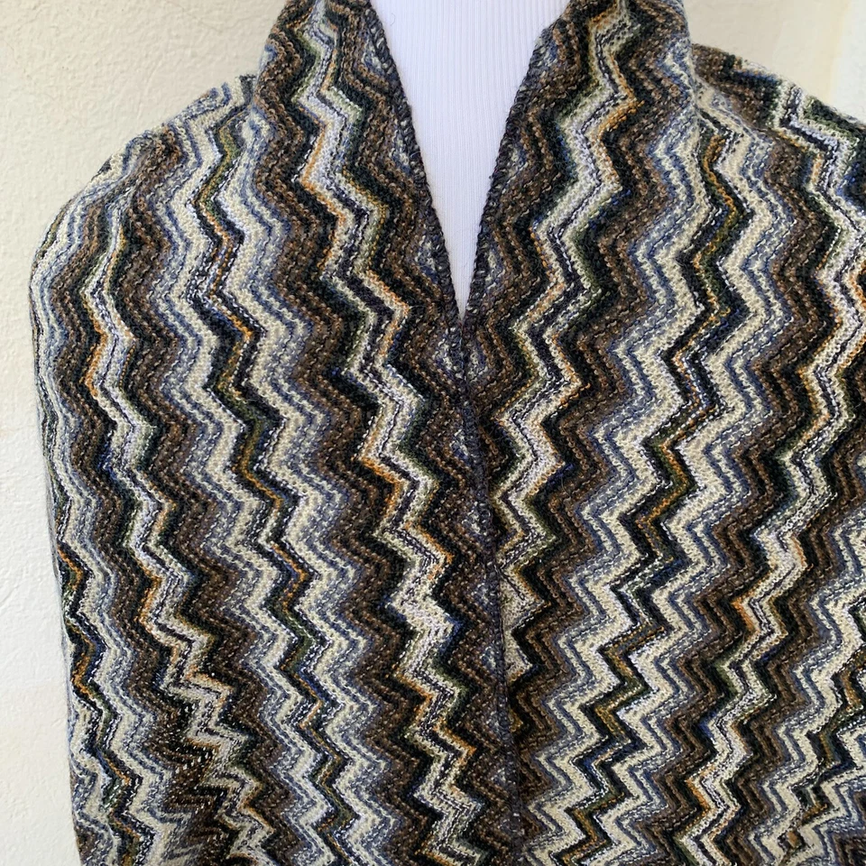 Шерстяной шарф Missoni 25 x 17 дюймов - зигзагообразный трикотажный узор - роскошный итальянский дизайн #A107 - Изображение 2 из 2