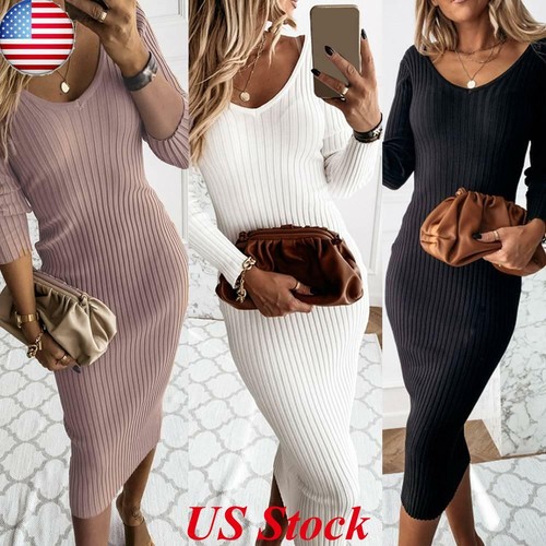 Womens Ribbed Bodycon Midi Dress Ladies 