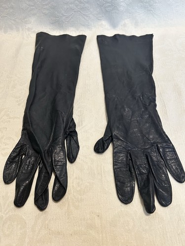 Vtg Hammer of Hollywood Black Leather Long Opera Gauntlet Evening Gloves Size 7