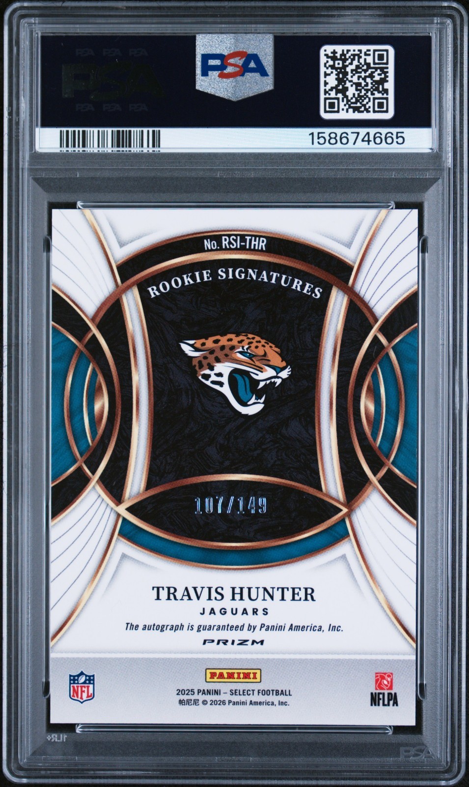 2025 Select Rookie Signatures Blue /149 RSI-THR Travis Hunter Jaguars PSA 10 view 2