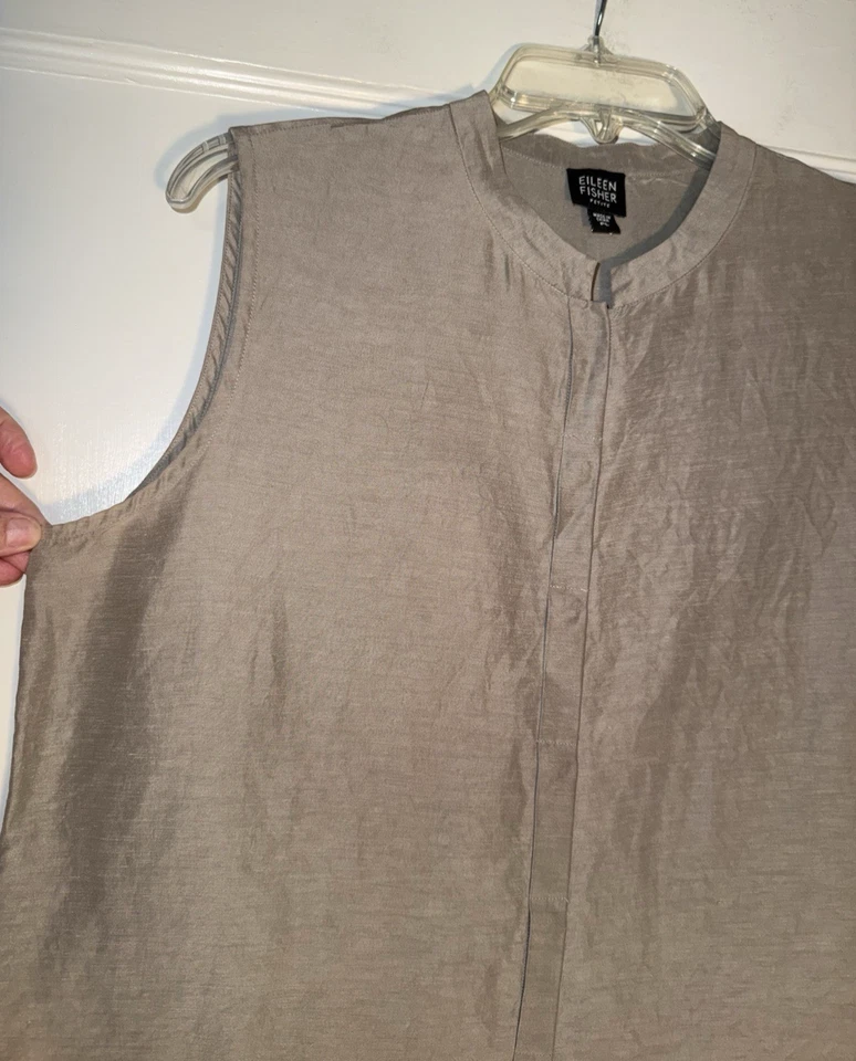 Eileen Fisher Linen Silk Vest Mandarin Collar Sleeveless Button Brown Size PL - Image 4 of 4
