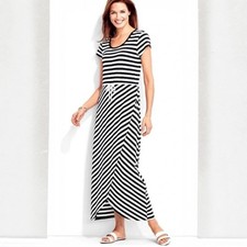 Talbots Striped Stretch Maxi Faux Wrap Dress Small Tie Waist Black White Coastal