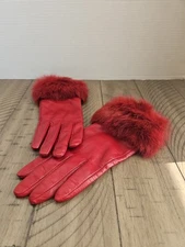 WilliSmith Leather Gloves M/ L Red Rabbit Fur Elegant Luxe Timeless Chic Evening