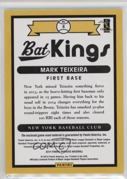 2014 Panini Donruss Bat Kings Mark Teixeira #5 - Image 2 of 2