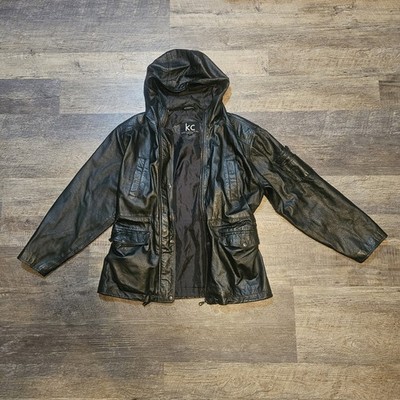 KC Collections Leather Jacket Hooded Lightweight Interior Drawstring Women M