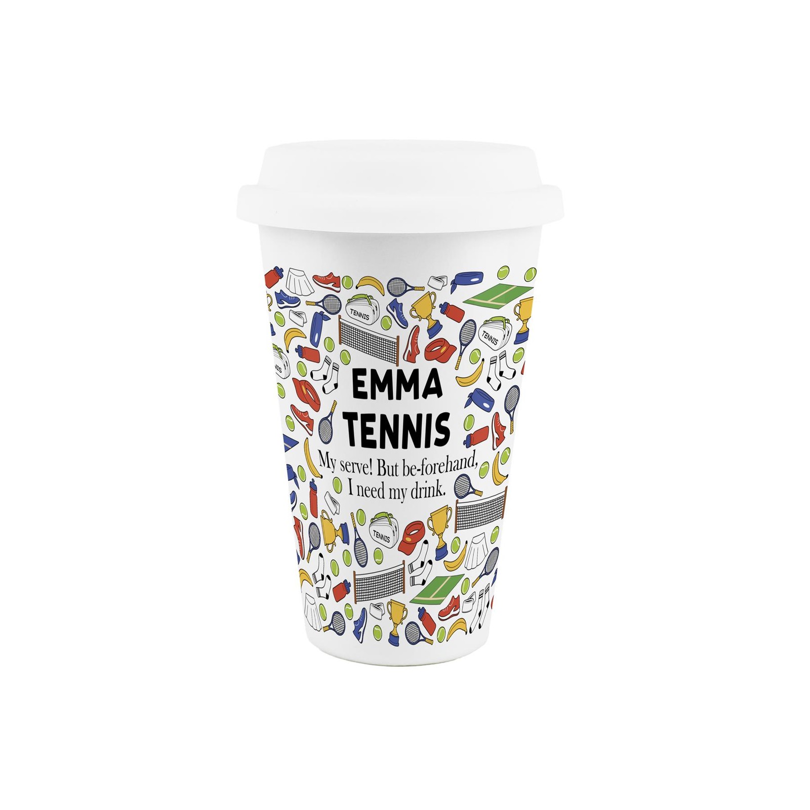 Personalised Novelty Tennis Travel Mug - Ceramic Cup Gift for Tennis Players