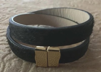 Rustic Cuff Black Leather Cow Hair Double Wrap Bracelet/ Choker Magnetic Western