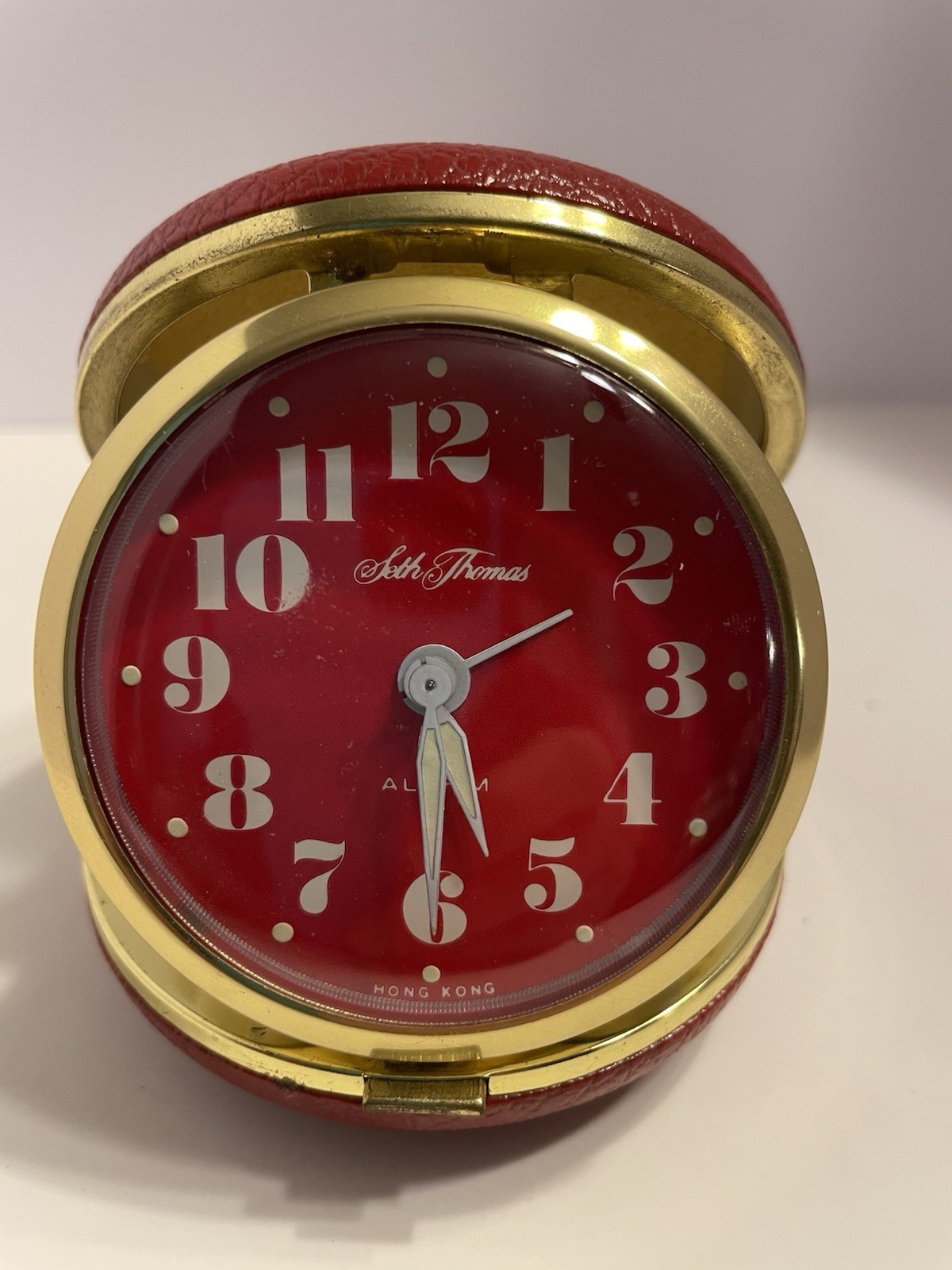 Vintage MCM Seth Thomas Travel Alarm Clock Cherry Red Case/Face Works Hong Kong