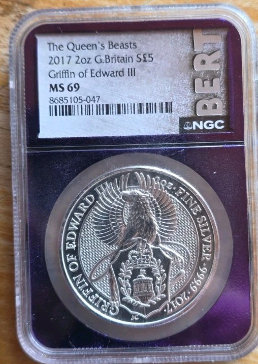 2017 S£5 Queen's Beasts Griffin of Edward III 2oz .9999 Silver NGC MS69 