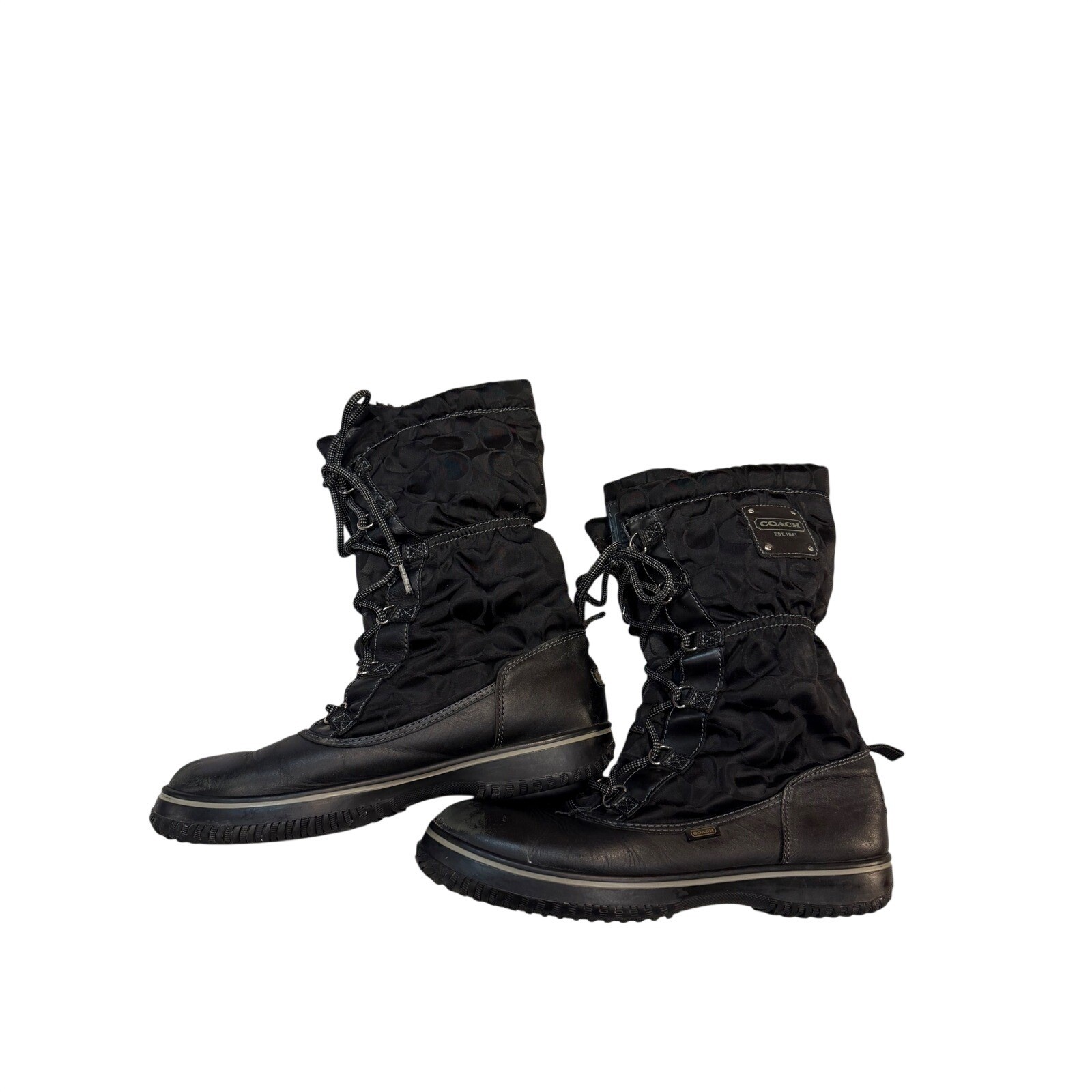 Coach Black Signature Monogram Leather Nylon Snow Winter Boots Mid-Calf Womens