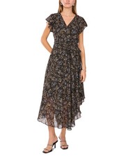 Vince Camuto Women's V-Neck Button-Down Belted Flutter MIDI Dress - Rich Black L