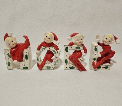 Vintage Christmas Pixie Elf Elves N O E L Letters 4 Ceramic Figurines Japan RARE