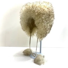 Lux Extra Full Fur Winter Hat 2 Tone Cream Brown Pom Poms Unlined Handcrafted