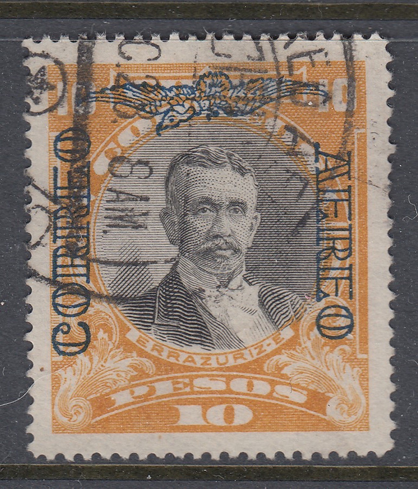 Chile 1928-29 10p Orange & Black with Blue Overprint Used. Scott C8