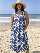 Casual Sleeveless Maxi Dress Size 14/16 Blue White Leaf Print Relaxed Fit Summer